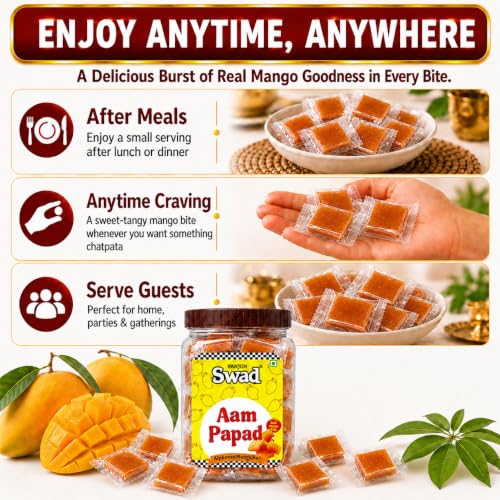 Image of Panjon Swad Aam Papad Candy - Real Mango Pulp Toffee,Sweet Mango Flavor Treats,320g jar