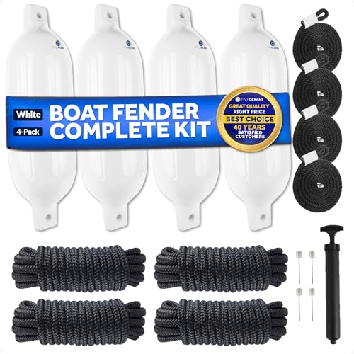 Five Oceans 4-Pack Boat Fender Kit, Includes 6.5 x 23-Inch Black Fenders, Dock Lines 3/8