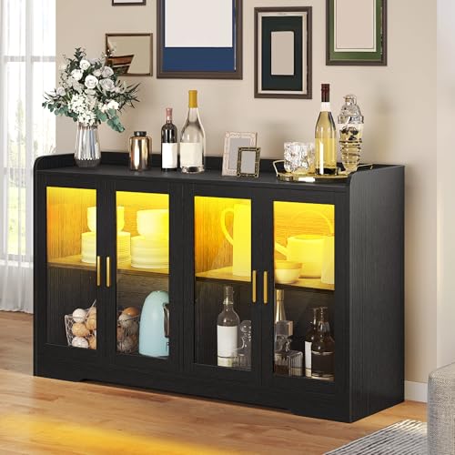 DWVO 55'' Sideboard Buffet Cabinet, Coffee Bar Cabinet with LED Light, 4 Doors & Adjustable Shelves, Large Storage Cabinets for Kitchen, Dining Room, Living Room, Black