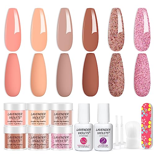 Lavender Violets 12Pcs Dip Powder Nail Kit Starter - 6 Colours Salmon Orange Nude Pink Shimmer Dipping Powder System Liquid Set with Base & Top Coat Activator for French Nail Art Manicure M203