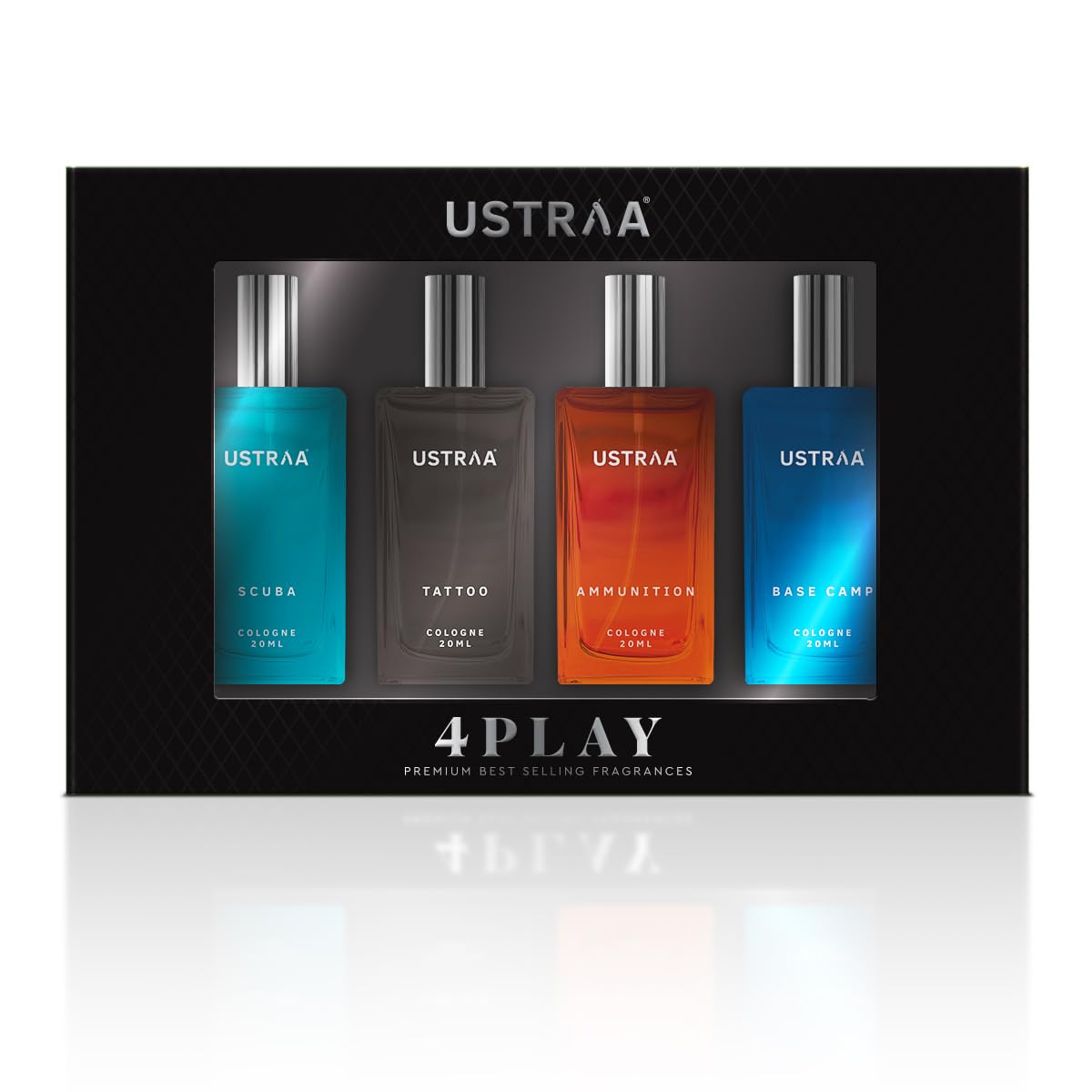 Ustraa Four Play Miniature Cologne Set (20ml Each) - Tattoo, Basecamp, Scuba, Ammunition - Long-Lasting, Alcohol-Free Fragrance for Men