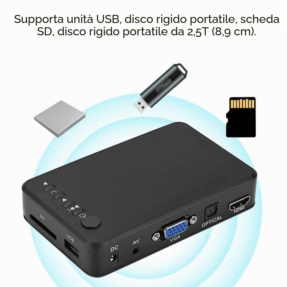 Lettore multimediale HD Lettore audio e video HDMI 1080P con telecomando IR 110V-240V(Spina UE)