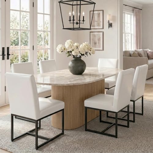 Image of HNY Modern Dining Chairs Set of 6, Upholstered Leather Dining Room Chairs with Ergonomic Back & Metal Frame for Home, Kitchen, Apartment, White