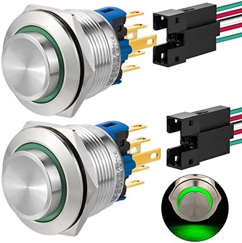 2 PCS Momentary Push Button Switch 22mm 110V 120V Power 1NO 1NC SPDT On Off Waterproof IP67 Stainless Steel 304 Industrial Switches with Wire 7/8" UL Certified(Momentary,110V, Green)