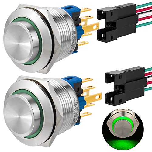 2 Pcs Momentary Push Button Switch 22Mm 110V 120V Power 1No 1Nc Spdt On Off Waterproof Ip67 Stainless Steel 304 Industrial Switches With Wire 7/8" Ul Certified(Momentary,110V, Green) #TOP14
