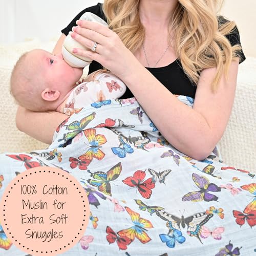 Image of LollyBanks Baby Blanket for Girls, Large 47 x 47 Inches Soft Muslin Swaddle Blankets, 100% Cotton Breathable and Lightweight Baby Receiving Blankets, Registry (Butterfly Print)