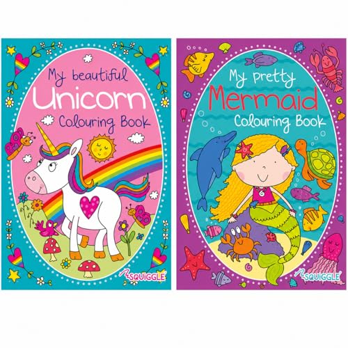 Sixstore Set di 2 libri da colorare rilassanti per ragazze, formato A4, libro da colorare con disegni assortiti con unicorno e sirena