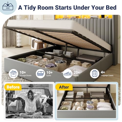 Image of Allewie Full Size Lift Up Storage LED Bed Frame, Charging Station, Grey