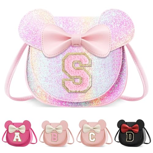XSUIOY Toddler Purse Girl Wallet for Kids 2-9 Year Old Birthday Gifts,Cute Mouse Ear Bow Crossbody Shoulder Purses,Personalized Initial Purse Toddler Wallet Gifts for Little Girl(glitter pink_S)