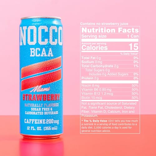 Image of NOCCO Zero Sugar Energy Drink, Miami Strawberry - 12 Fl Oz (Pack of 12) - 180mg Caffeine, Sugar Free, Branched Chain Amino Acids, Carbonated, Low Calorie, B Vitamins, Grab & Go Performance Beverage