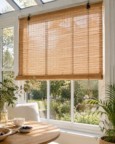 Natural Bamboo Blinds for Windows Custom Sizes & Multi-Colour Soft Light Filtering Easy Fit Roller Blinds for Kitchen Conservatory Patio Indoor Outdoor Corded