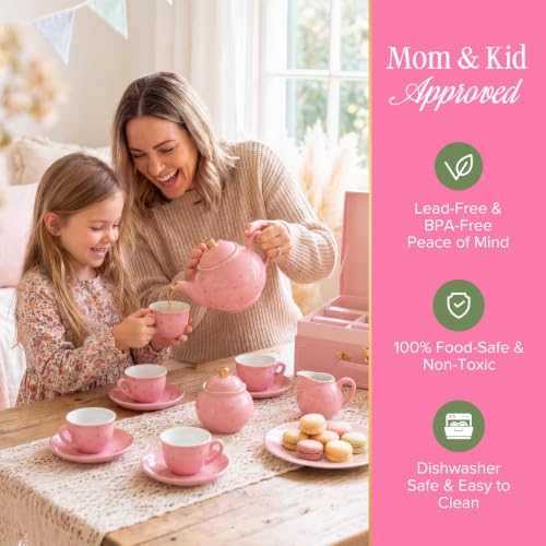 Image of Giggle & Honey Tea Party Set for Little Girls, Pink Gold Polka Dot Porcelain Kids Tea Set with Carry Case, Teapot Cups & Saucers, Princess Pretend Play Birthday Gift for Girls Ages 3, 4, 5, 6, 7, 8