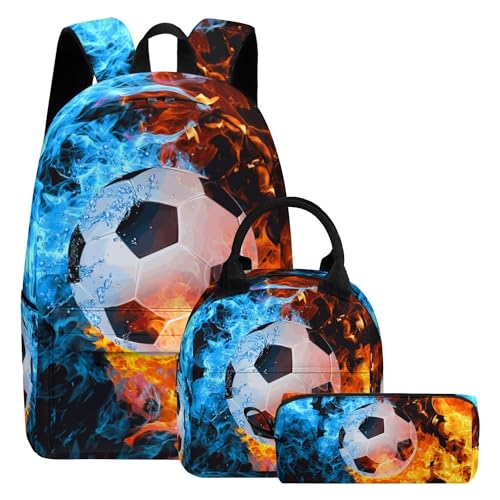 Image of Soccer Printed Backpack Set for Boys Kids, 3Pcs Bookbag with Pencil Case for school, 17 Inch Lightweight Laptop Backpack with Lunch Bag for Mens Teens Office, High School