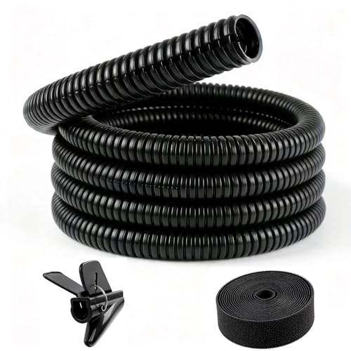 Image of Cable Tidy Sleeve Black Flexible Cable Protector Tube Trunking Split Corrugated Wire Tube for Car, Garden and office, Provides cable protection for dogs and cats from pet chewing (Black, 25mm x 3m)