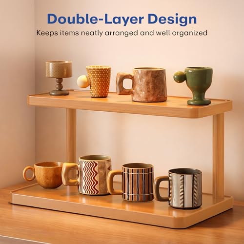 Image of Rioware Bamboo Organizer Rack - Multi-Layer Desktop Storage Shelf for Cups, Mugs & Tea Sets | Wooden Countertop Sideboard Display Stand for Kitchen, Dining & Home Deco