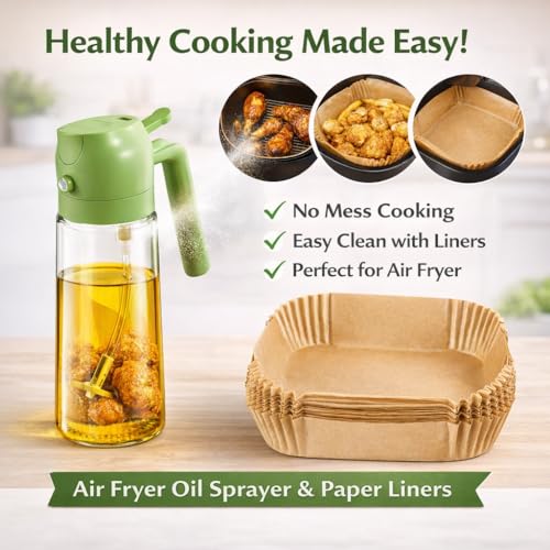 Image of Air Fryer Silicone Liner Set, Heat Resistant Non-Stick Baking Mat, Reusable Oil-Proof Cooking Basket for Air Fryers, Ovens, Microwaves and Steamers, Grey and Blue (Bottle+Fryer Combo)