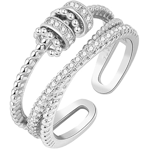 Fidget Ring, Anxiety Rings for Women Men, Spinner Ring with Beads, Stress Reliever Spinning Rings, Adjustable Open Ring, Fidget Jewelry for Women Girls (Silver 1) Cover