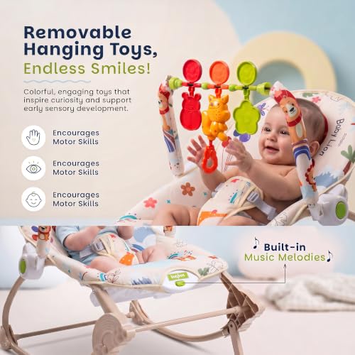 Image of Baybee 2 in 1 Baby Rocker & Bouncer, 3-Position Recline, Soothing Music, Removable Hanging Toys, Soft Cushioned Seat & Safety Harness, Rocking Chair for Newborn 0-3 Years (Beige)