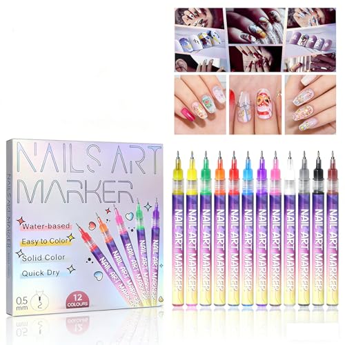 Image of 12 Colors Nail Art Pens Set, 0.5MM Fine Tip Water-Based Nail Painting Pens, Waterproof Quick-Drying Nail Art Markers for Women Girls DIY Home Salon Manicure Design