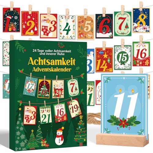 DPKOW Achtsamkeitskalender 2025 Achtsamkeit Adventskalender Frauen Achtsamkeitskarten Geschenk Achtsamkeit Sprüche Adventskalender Achtsamkeitsübungen, mit Clips Fäden, Motivation Reflexion