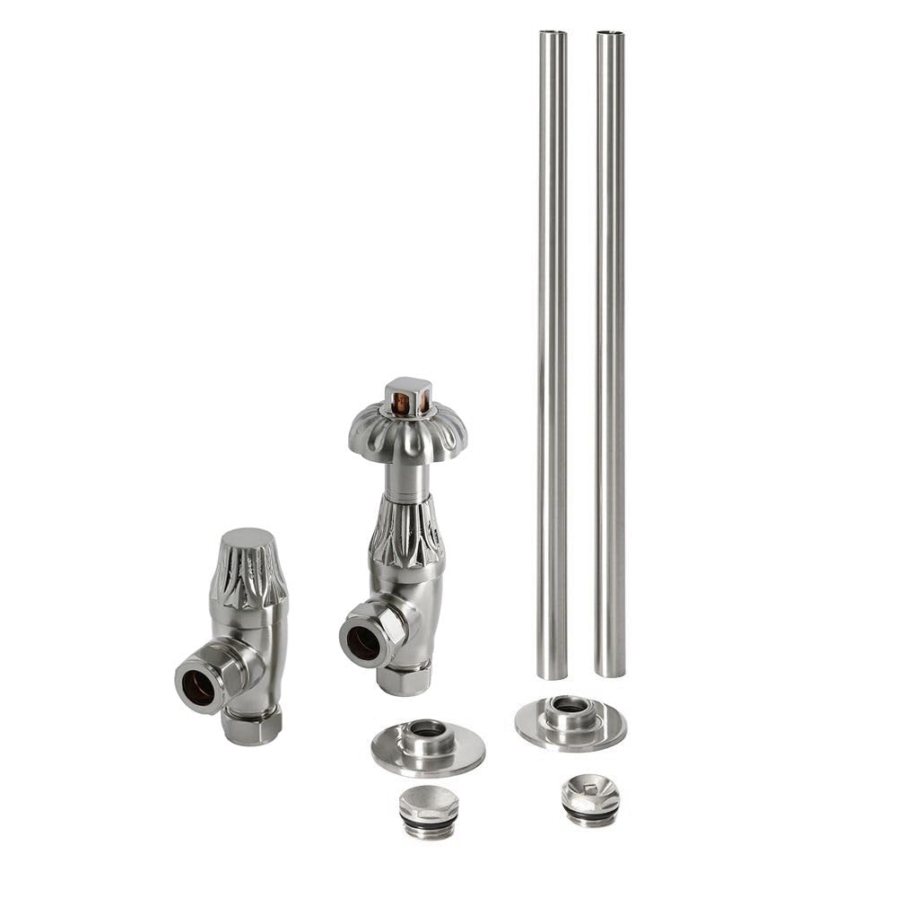 Milano Windsor Satin Nickel Angled Radiator Heated Towel Rail Thermostatic Valve Pipe Connector