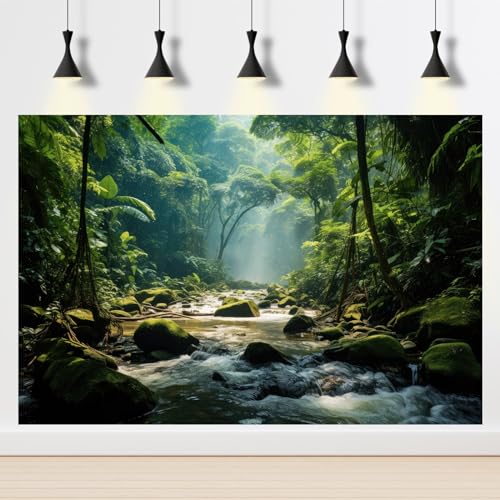 Image of Jungle Rainforest Aquarium Background Tranquil Stream Meanders Fish Tank Background Vibrant Foliage Dense Green Forest Reptile Tank Backgrounds Foggy Misty Trees Reptile Enclosure Backgrounds 72x18in