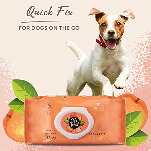 Image of Pet Head Quick Fix Paw and Body Wipes for Cats and Dogs | Peach Scent with Aloe Vera | Biodegradable Pet Hygiene Cleaning Wipes | pH-Neutral | Vegan | for an Easy & Speedy Freshen-Up | 160 Pack