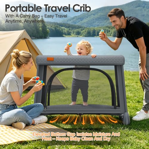 Image of UMIKU Travel Pack and Play Baby Travel Crib with Bassinet, Extra Large Foldable Portable Baby Playpen with Mattress & 2 Zipper Access, Portable Cribs Play Pen Babies Essentials Travels Bed Grey