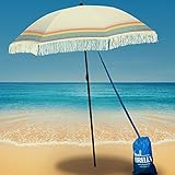 Beach Umbrella for Sand –Windproof with Sand Anchor Bag, Portable, Fringe, Denim Bag, Features Pointed Bottom,100% UV Sun Protection, Bahama Strand