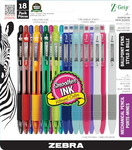Zebra-Pen-Z-Grip-Retractable-Ballpoint-Pen-Medium-Point-Assorted-Ink-Plus-Z-Grip-Mechanical-Pencil-Medium-Point-HB-2-Graphite-18-Pack-23618