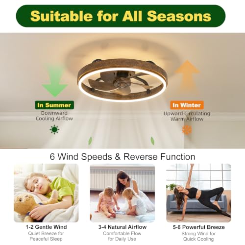Image of 20 Inch Low Profile Farmhouse Ceiling Fan with Dimmable LED & Remote | Rustic Wood Fandelier, Vintage Flush Mount Ceiling Fan, Smart Remote & APP Control, Dimmable LED, 6 Speed, Reversible Blades