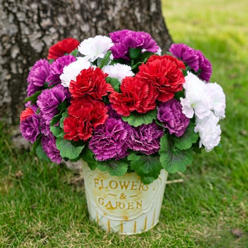 SupBri Artificial Flowers for Outdoor, UV Resistant Fake Flowers & Plants, Silk Faux Carnation Fowers for Outdoor Planters Home Garden Office Patio Front Spring Decorations (Red,White,Purple) - image 2
