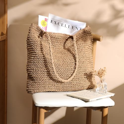 Image of Pleneal Straw Beach Bags for Women - Women Beach Handmade Woven Tote Bag, Summer Mesh Hollow Shoulder Bag for Holiday