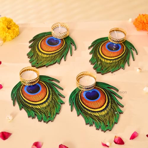 Image of Ascension Decorative Peacock Tealight Candle Holder Stand Set of 4 Mor Pankh Design Reusable Diya for Diwali Decor Rangoli Decoration Items, Home Decor, Diyas Indoor Outdoor Office Gifting, (Big)