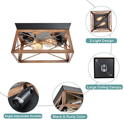 HMVPL Farmhouse Flush Mount Ceiling Light Fixture, Rustic Metal Square Close to Ceiling Light, 2-Light Industrial Ceiling Lamp for Hallway Dining Room Bedroom Kitchen Foyer - Thumbnail 2