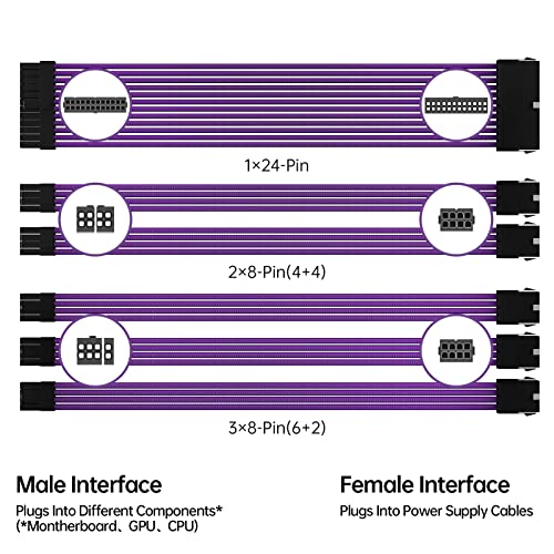 Image of Asiahorse Power Supply Sleeved Cable for Power Supply Extension Cable Wire Kit 1x24-PIN / 2x8-PIN (4+4) M /B,3x8-PIN (6+2) PCI-E 30cm Length with Combs(PUEPLE-6KIT)