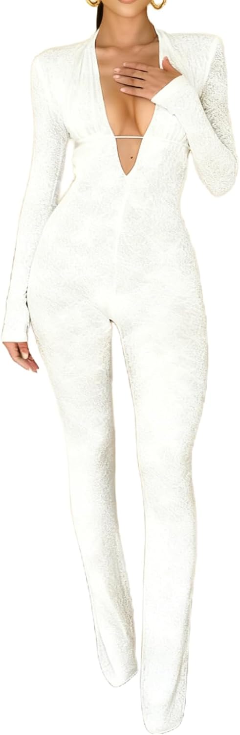 REASERAL Womens Dressy Jumpsuits Casual One Piece Outfits Long Sleeve Lace Deep V-Neck Straight Leg Jumpsuit