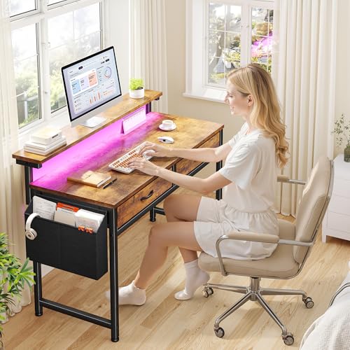Image of Gaming Desk with LED Lights & 2 Fabric Drawers, 39.4Inch Home Office Computer Desk with Side Pocket & Ergonomic Monitor Stand, Small Space Study Writing Table with Anti-Tip Design, Rustic Brown
