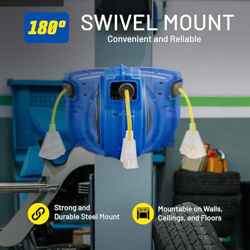 Image of Goodyear Extension Cord Reel Retractable 16AWG x 50' Foot 3C /SJTOW Commercial Cable LED Triple Tap Connector Power 10A 125VAC 938W