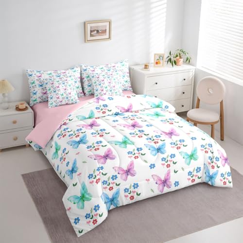 Image of Colorful Butterflies 7 Pieces Bedding Set Full Size,Blue Daisy Flower Bed in a Bag,Cottagecore Farmhouse Bed Set Includes Comforter,Sheet Set,Pillowcases & Pillow Covers,Flying Butterfly Bedroom Decor