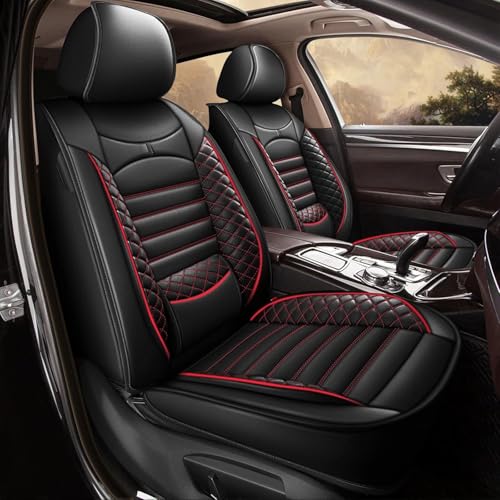 JIAMAOXIN 2 Front Car Seat Covers for Nissan Versa 2009-2026 Waterproof Faux Leather Car Seat Cushion Protector Compatible Airbag (with Red Line)