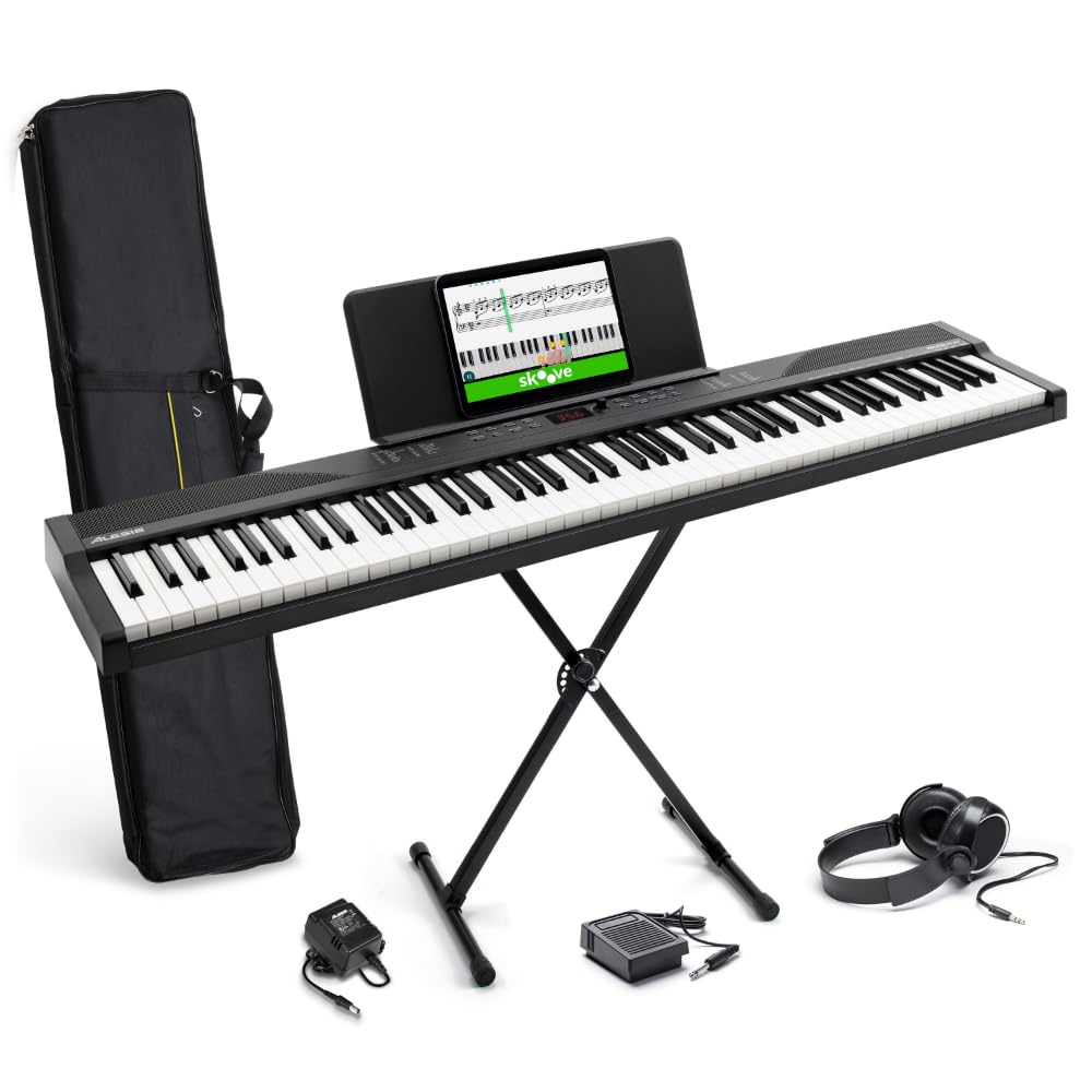 Alesis Keyboard E-Piano mit 88 Tasten, 480 Sounds, Lautsprechern, USB-MIDI, Tragetasche, Ständer, Kopfhörer, Pedal und Klavierlektionen für Anfänger
