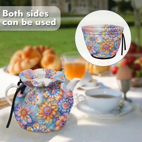 Image of Boho Flowers Dust Cover with Drawstring, Durable Dustproof Teapot Cozy Breakfast Warmer Tea Kettle Quilt for Home Kitchen Table, Red Christmas Decor