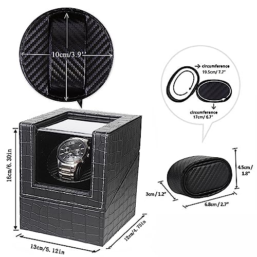Image of Single Watch Winder for Automatic Watches, Super Quiet, in Wood Shell and Black Leather /Carbon Fiber Leather, Japanese Motor
