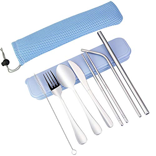 Kbnian Juego Portátil de Cubiertos de Acero Inoxidable, 9 Pcs, Ideal para Trabajo Acampada Picnic Festivales y Viajes Actividades al Aire Libre