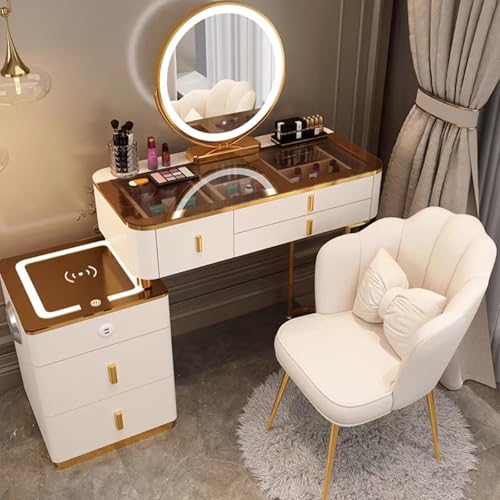 Mesa de tocador de maquillaje iluminada con silla, brillo ajustable, 3 cajones y armarios laterales, amplio almacenamiento, 3 colores (marrón/blanco) - Elegante tocador de 80,2 x 40 x 78 cm