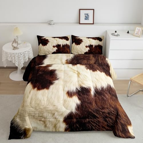 Cowhide Down Comforter Brown Wildlife Fur Hair Comforter Set Queen for Boys Girls Man,Bull Cattle Skin Comforter Set Novelty Cow Spot Wild Animal Skin Duvet Filler Farmhouse Cowboys Bedroom Decor