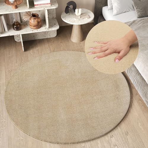 TAPISO Cuddle Redonda Alfombra de Pelo Largo Shaggy Lavable Antideslizante Diseño Moderno Beige Alfombra de Salón Habitación Infantil Dormitorio Oeko-Tex 160 x 160 cm