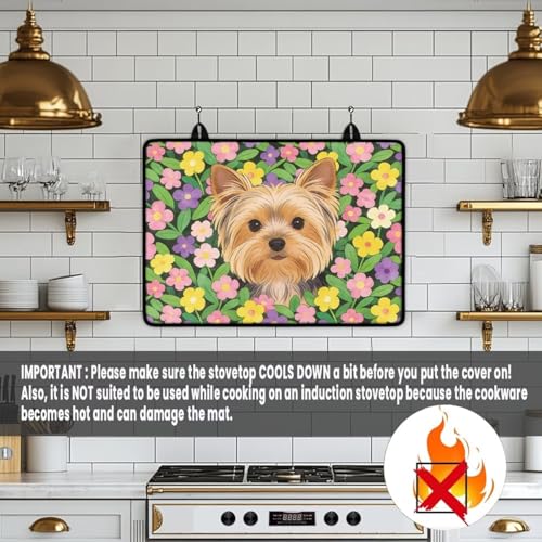Image of Poceacles Stove Cover for Stovetop, Induction Electric Stove Top Protector Oil Resistant Heat Resistant Washer Dryer Top Mat, 29 inch x 21 inch, Yorkshire Terrier Puppy Yorkie Dog Floral Pattern