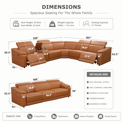 Image of Power Recliner Sectional Sofa, L-Shaped Living Room Furniture Set, Reclining Sectional Couch with Storage Console /Cup Holder for Living Room /House /Apt (Light Brown, Sectional+Sofa)